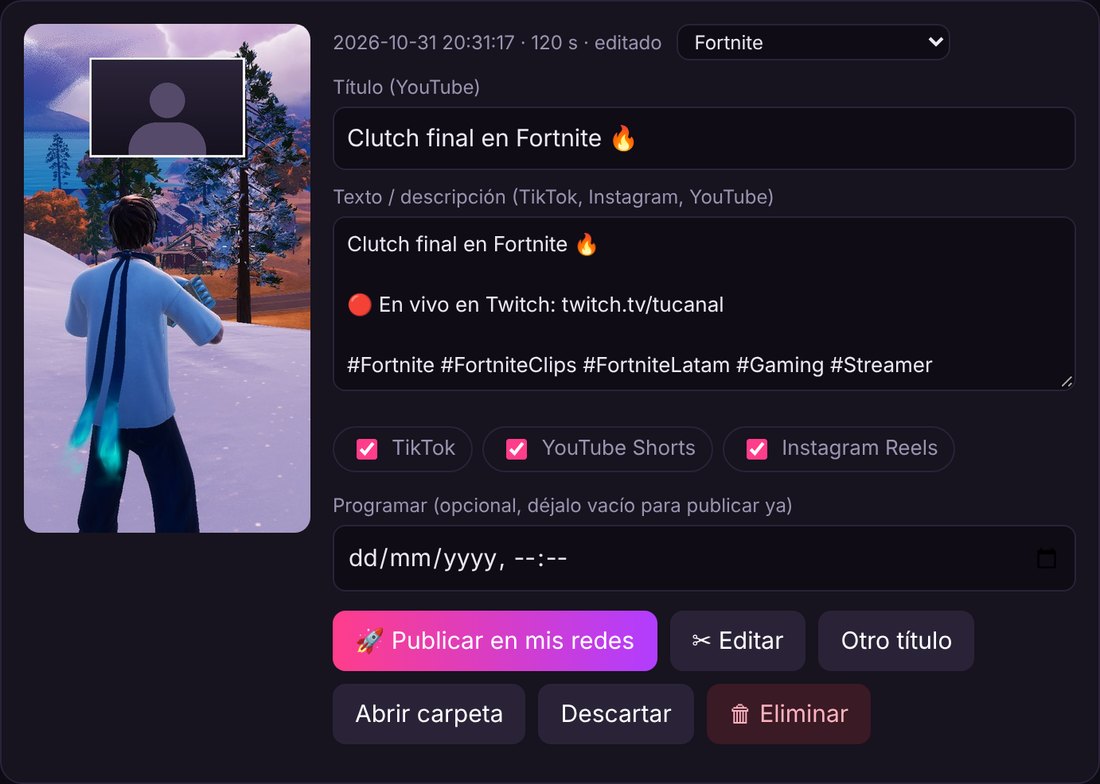 Tarjeta de un clip de Fortnite con título, texto con el enlace del canal de Twitch y los hashtags, casillas de TikTok, YouTube Shorts e Instagram Reels, campo para programar y el botón Publicar en mis redes