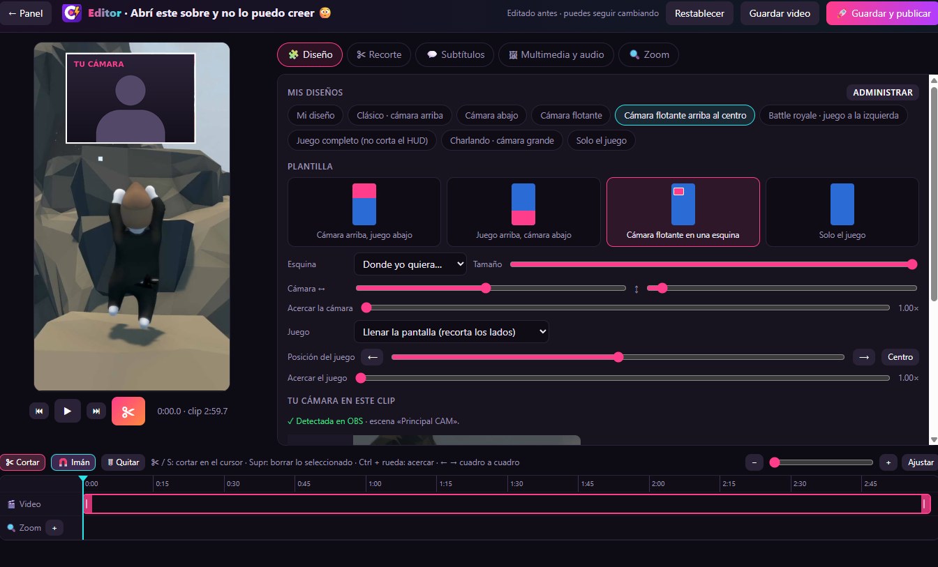 Editor de Clipazo Studio con la vista previa vertical, pestañas Diseño, Recorte, Subtítulos, Multimedia y audio y Zoom, y la línea de tiempo con pistas de video y zoom
