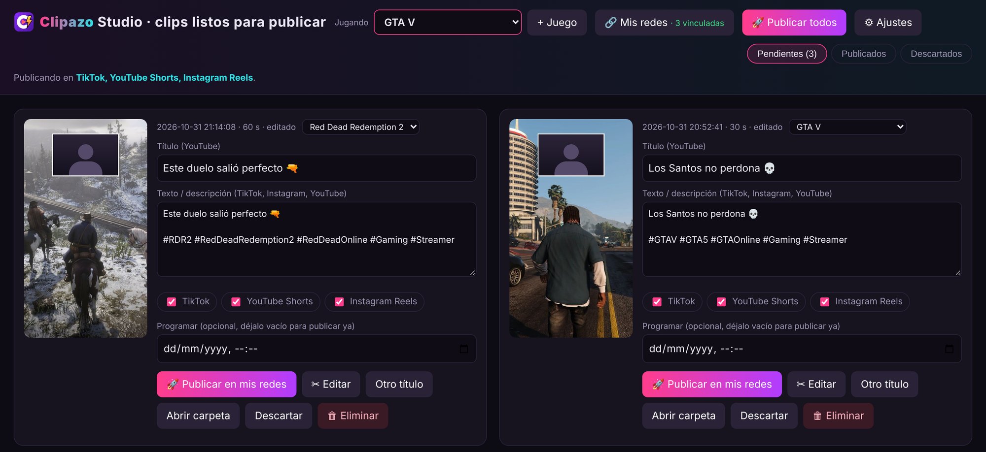 Panel de Clipazo Studio con clips de Red Dead Redemption 2 y GTA V: cada uno con su vista previa vertical, título, hashtags del juego, redes marcadas y el botón Publicar en mis redes